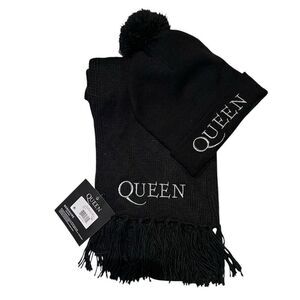 Queen Freddie Mercury Knit Beanie Hat & Fringed Scarf Set Black OS NWT